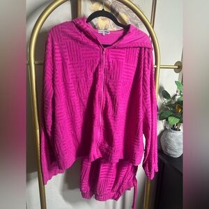 Pink Textured Hooded Jacket & Pants two piece set